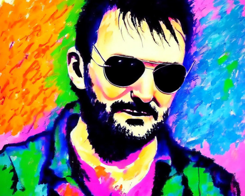 Vibrant portrait of a bearded man with sunglasses on colorful backdrop