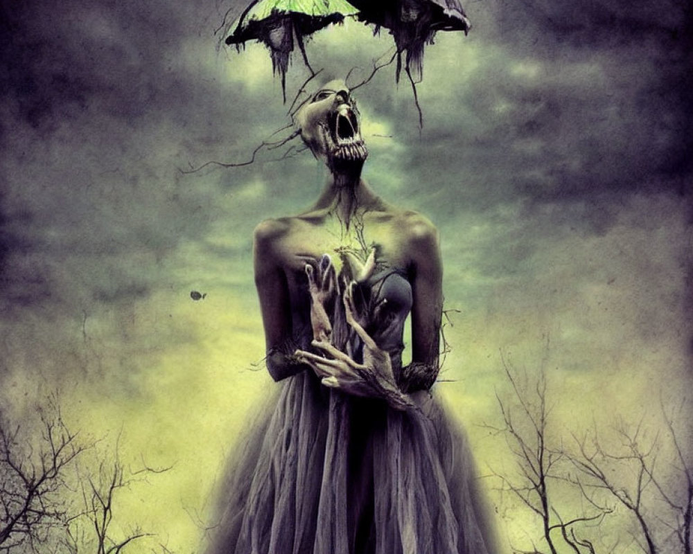 Skeletal figure in dress with umbrellas, barren trees, stormy sky