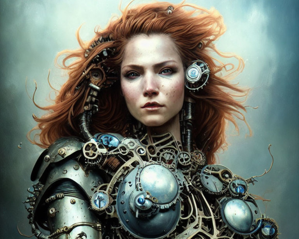 Red-haired woman with steampunk mechanical body - gears and spheres.