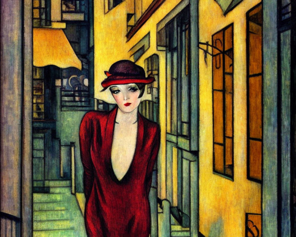 Woman in red dress and hat on vibrant urban street with geometric buildings and street lamp.