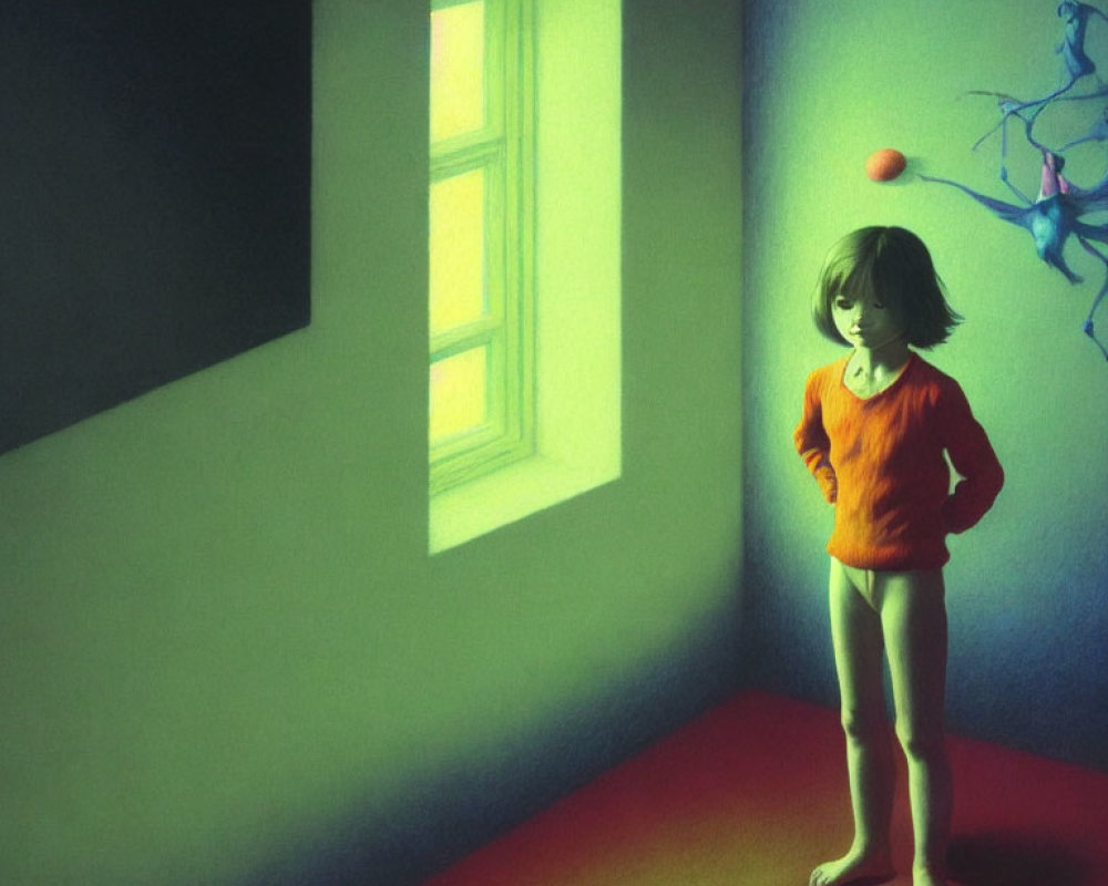 Child in orange sweater playing with orange ball in surreal room with blue tree shadows