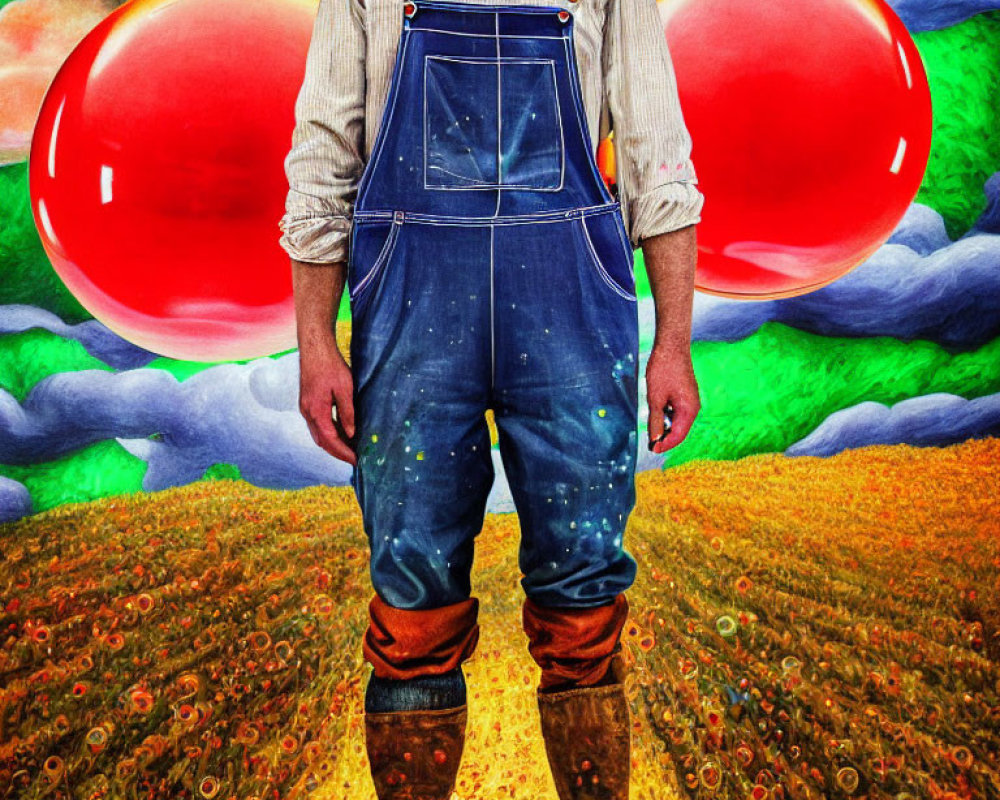 Colorful surreal image: person in overalls on flower field with red balloons, blue sky.