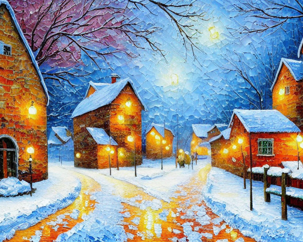 Snow-covered village scene with glowing street lamps and twilight sky.