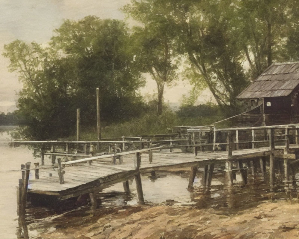 Rustic wooden pier by calm lake with boathouse and trees