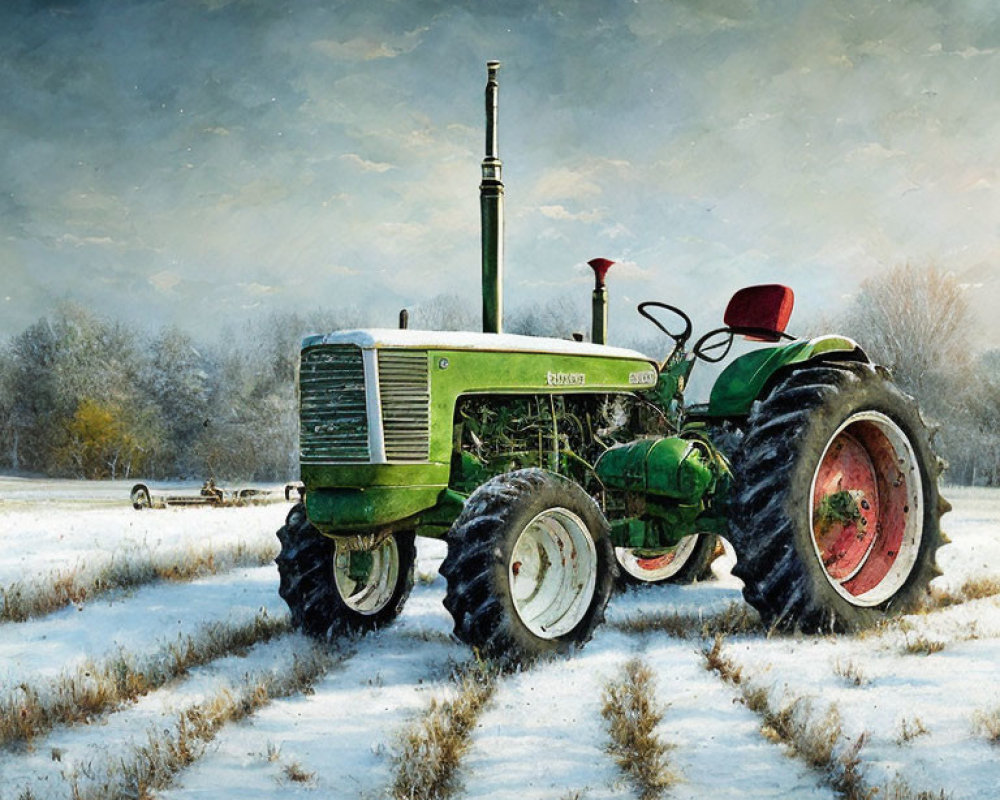 Vintage Green Tractor in Snowy Field Under Overcast Skies