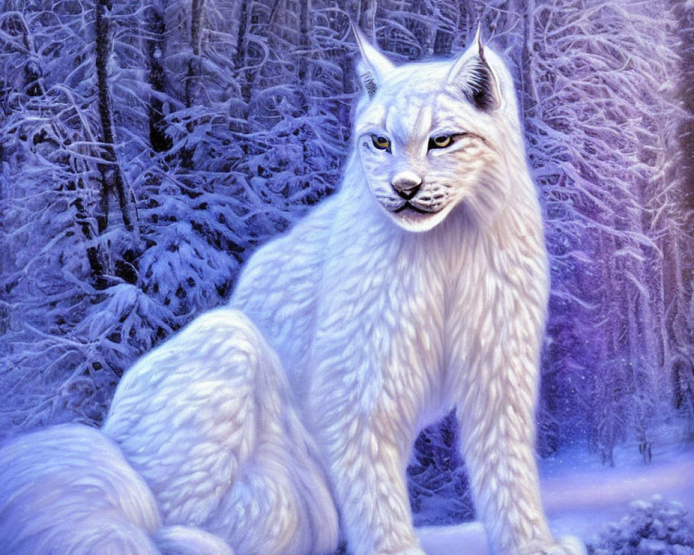 Majestic white feline with yellow eyes in snow-covered forest