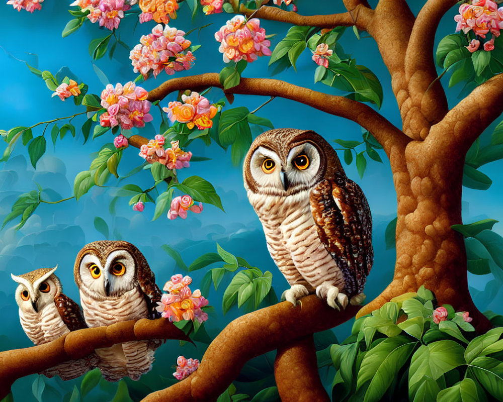 Illustrated Owls on Branch with Pink Blooms in Blue Sky