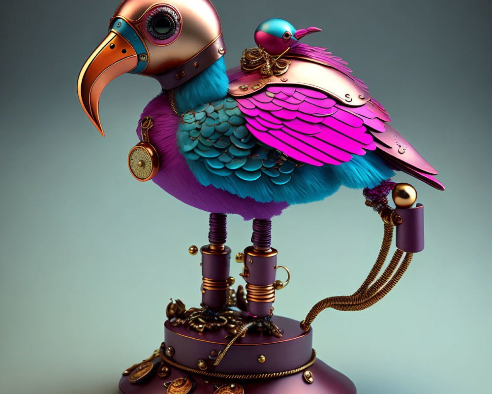 Colorful Steampunk Mechanical Bird with Metallic Beak and Vibrant Feathers