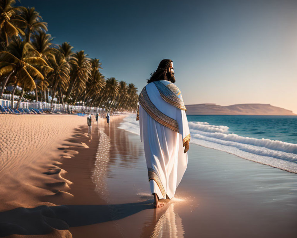 Man in historical robes walking on tropical beach with palm trees and ocean under clear sky