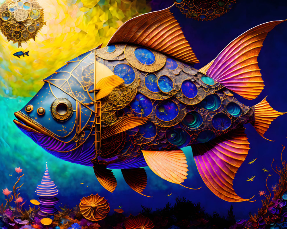 Colorful Stylized Fish Artwork in Surreal Underwater Scene