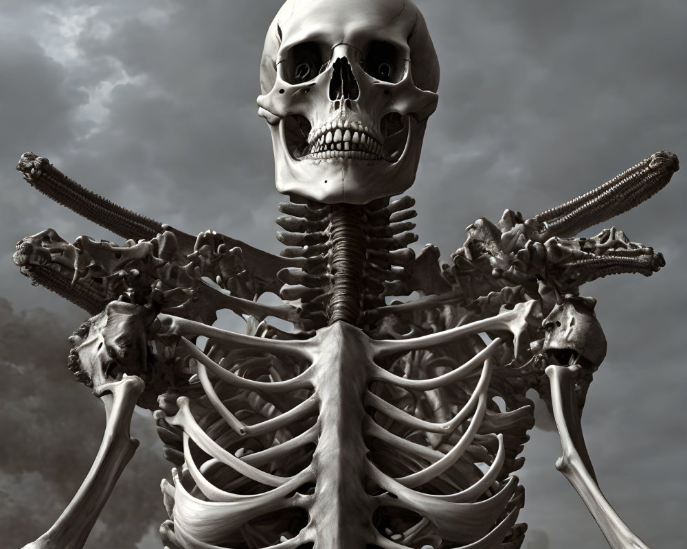 Frontal View of Human Skeletal Structure Against Cloudy Sky