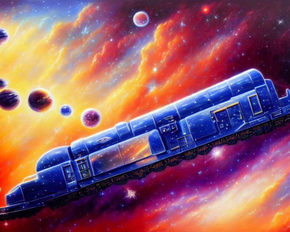 Blue train travels through space amidst fiery nebulae and celestial bodies