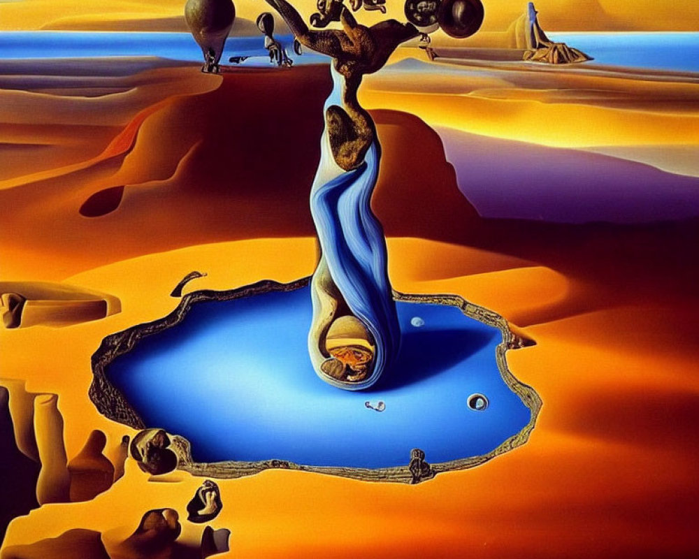 Surreal landscape painting: melting clock, distorted figures, reflective pool, desert dunes, blue