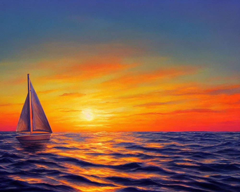 Colorful Sailboat Painting: Ocean Sunset with Orange and Blue Hues