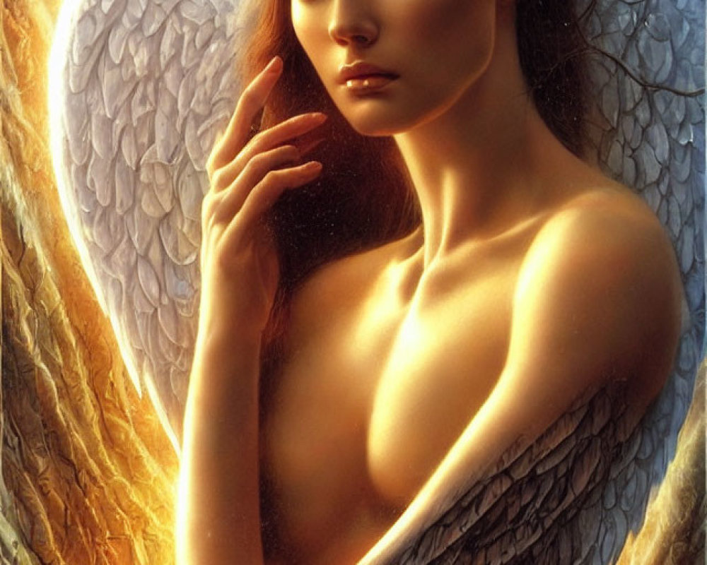 Ethereal female figure with angelic wings in golden light