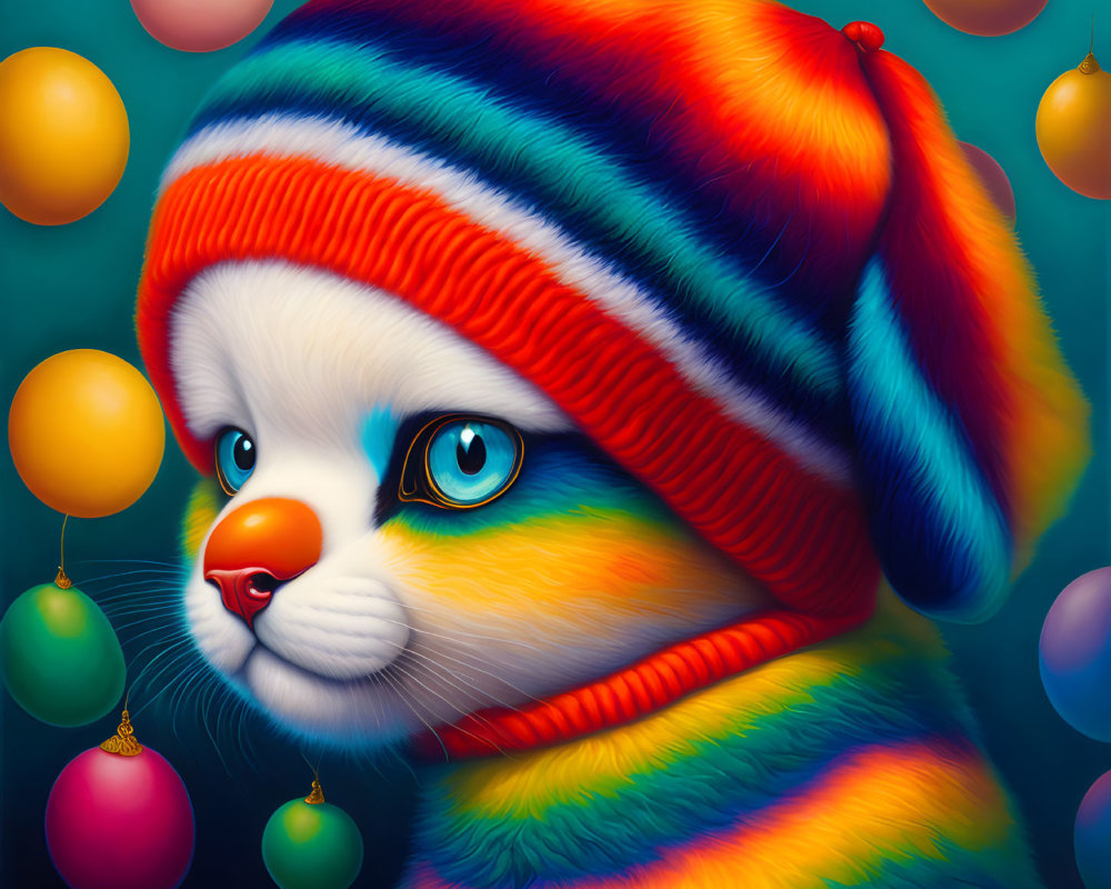 Colorful Cat Illustration with Blue Eyes and Striped Beanie in Christmas Setting