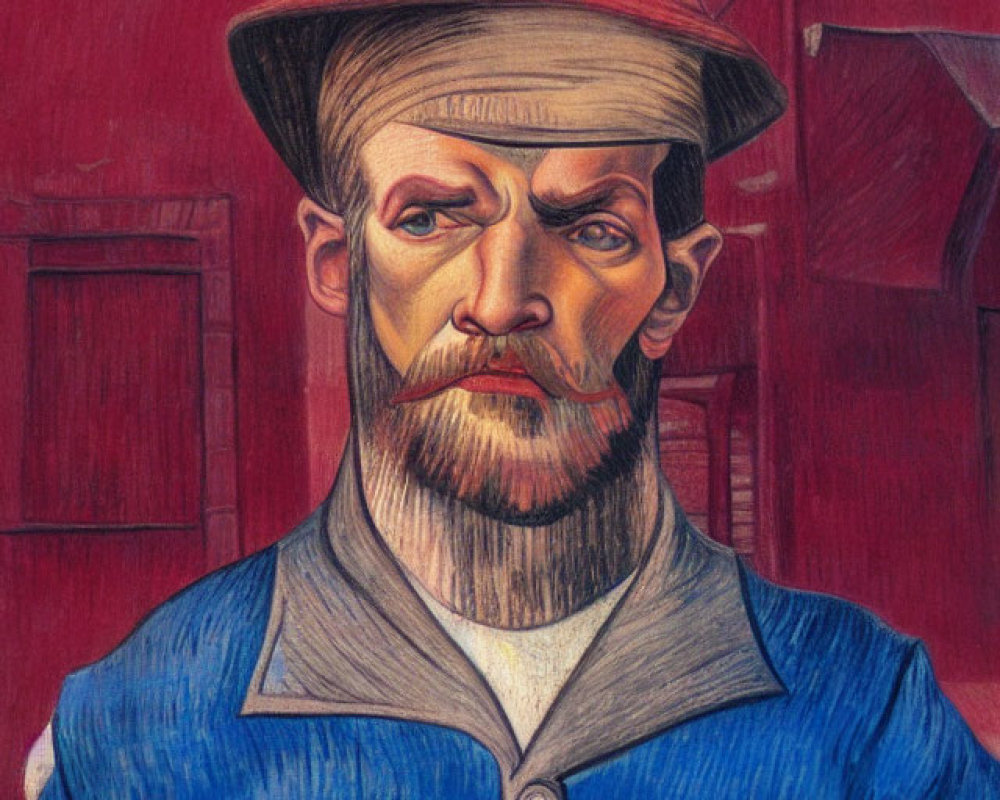 Colored pencil drawing of a bearded man in blue shirt and orange hat on red background