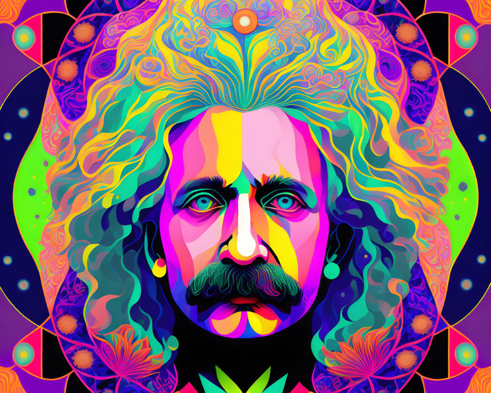 Colorful psychedelic portrait of a man with mustache and beard in neon palette