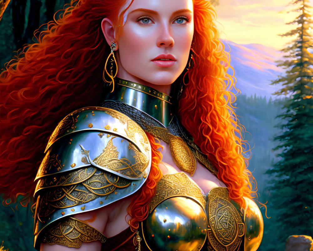 Red-Haired Female Warrior in Golden Armor in Autumn Forest