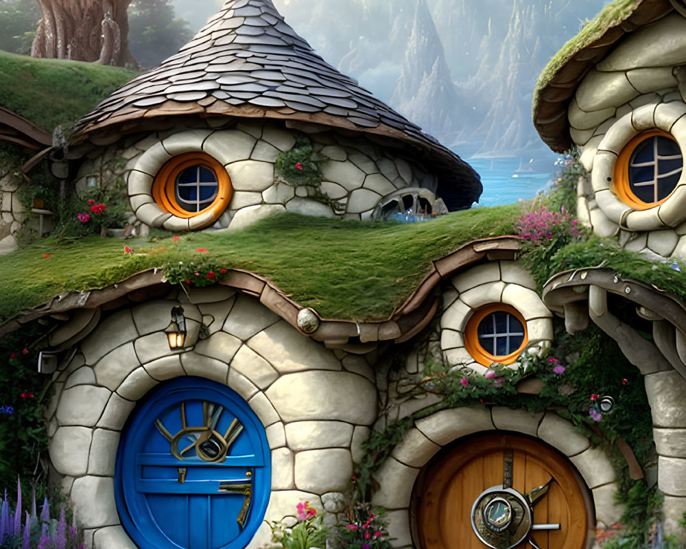 Fantasy cottages with round doors in mountain landscape