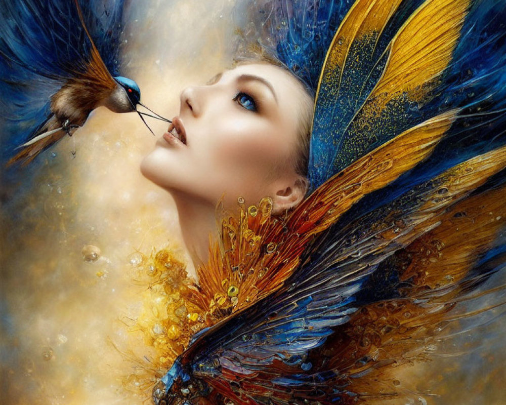 Fantastical artwork of woman with bird-like wings and bird against dramatic sky