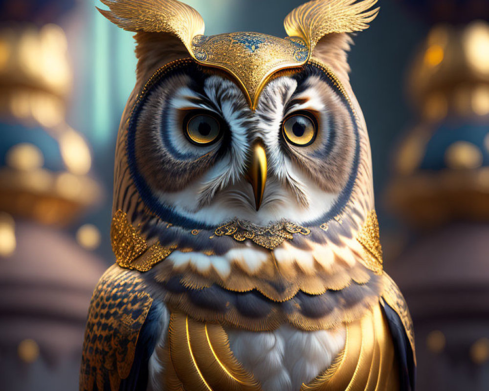 Regal owl with golden crown on blurred background