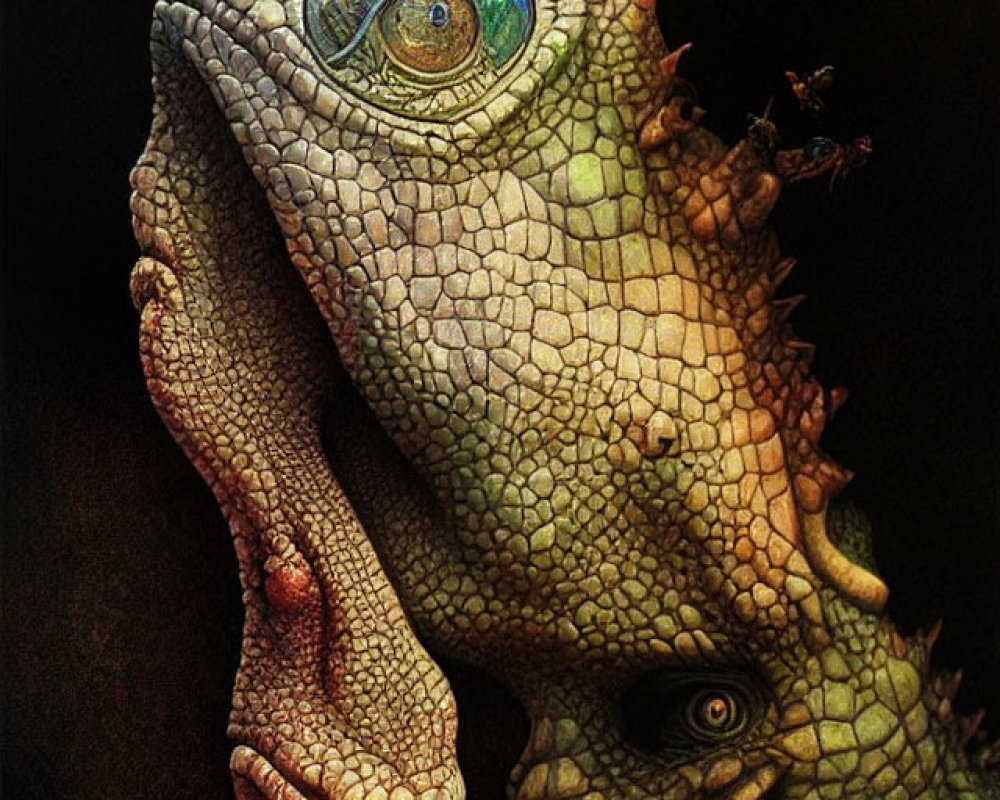 Surreal artwork of two iguana heads with vibrant eyes