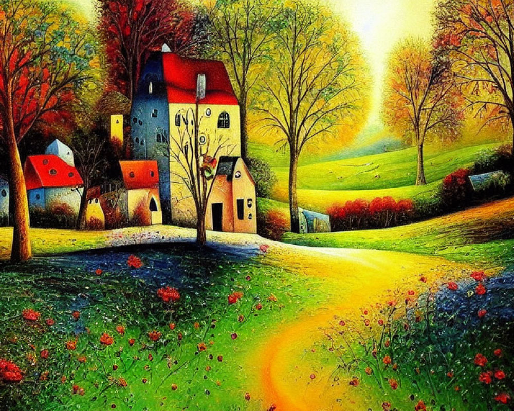 Colorful Landscape of Whimsical Village with Autumnal Trees