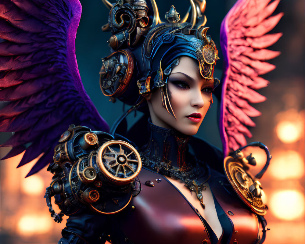 Steampunk angelic woman portrait with mechanical wings and regal helmet