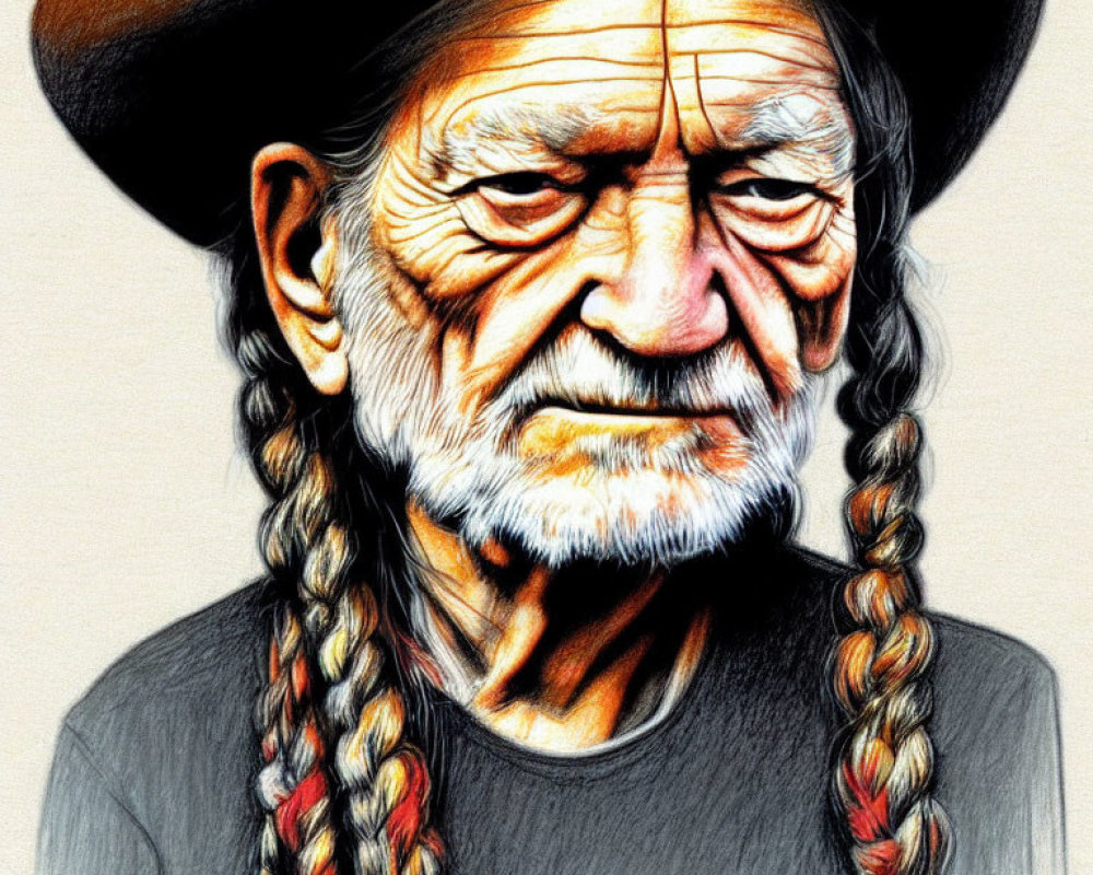 Elderly man with braided hair and cowboy hat illustration