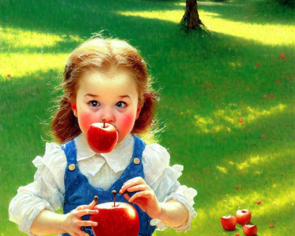 Blonde girl in blue overalls with apples in orchard
