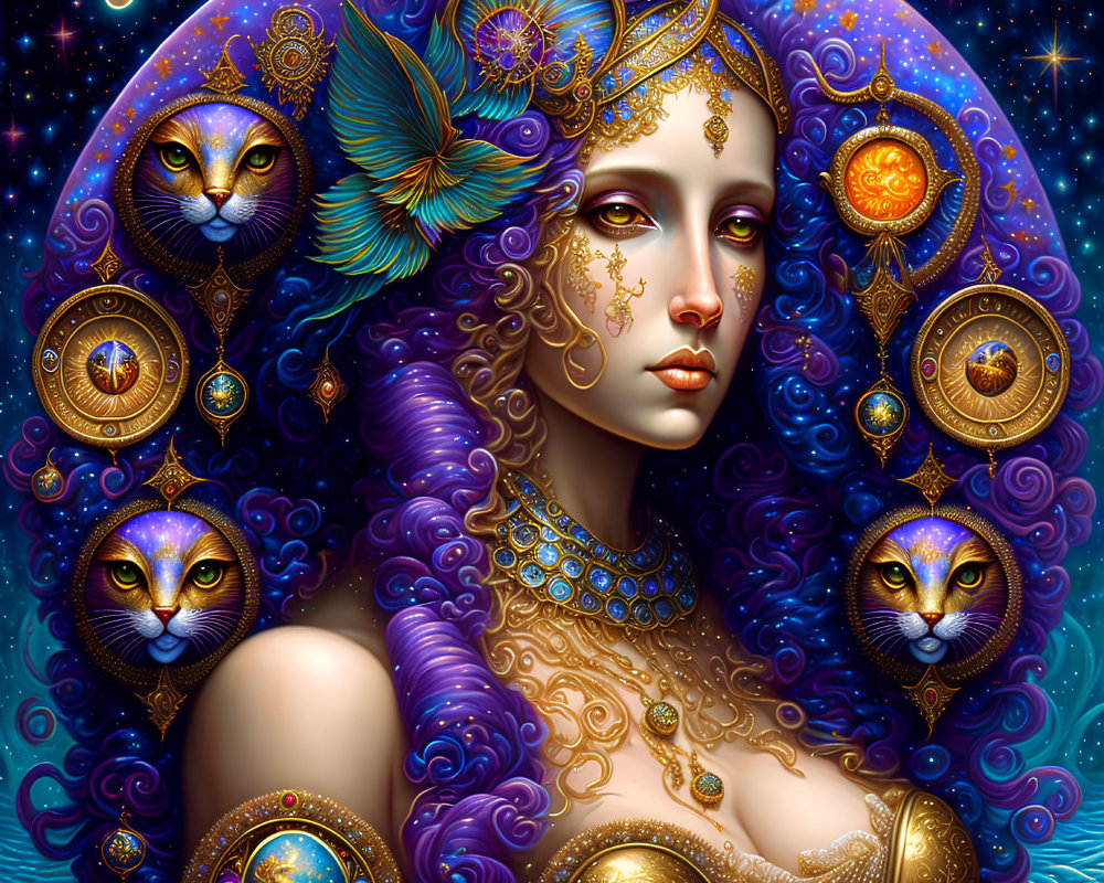 Surreal portrait of woman with purple hair and golden adornments, surrounded by cosmic cats and celestial