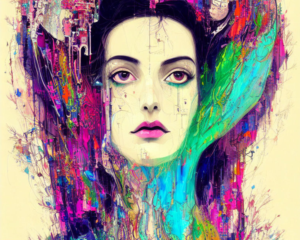 Vibrant abstract art: woman's face with colorful splashes & geometric shapes