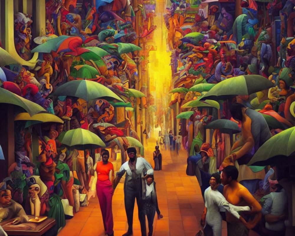 Colorful Street Scene with Diverse People and Umbrellas in Golden Light