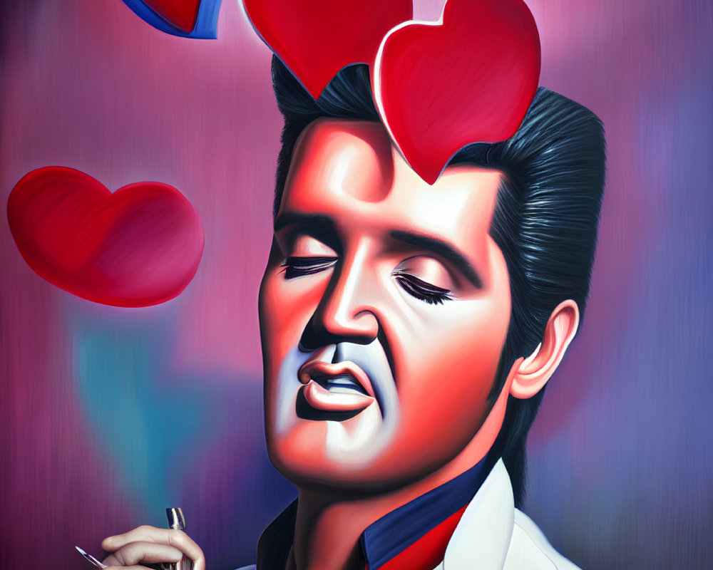 Vibrant pop art painting: Man resembling Elvis with closed eyes, holding a microphone, red hearts