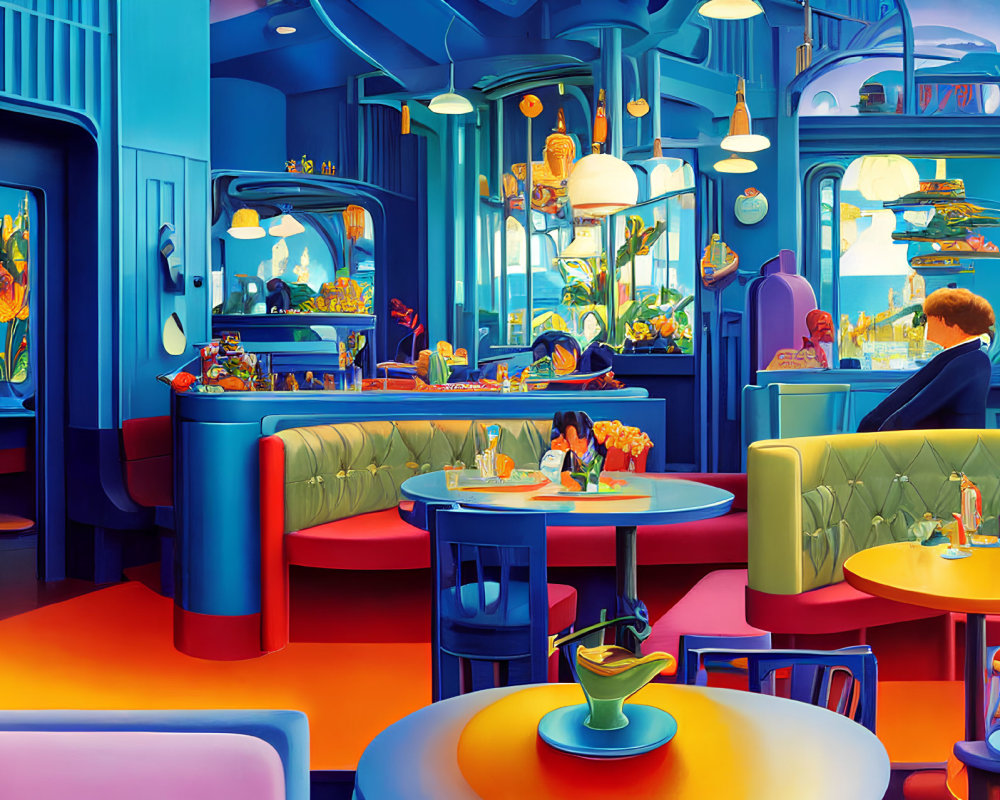 Colorful Restaurant Interior with Tropical Aquariums and Unique Lighting