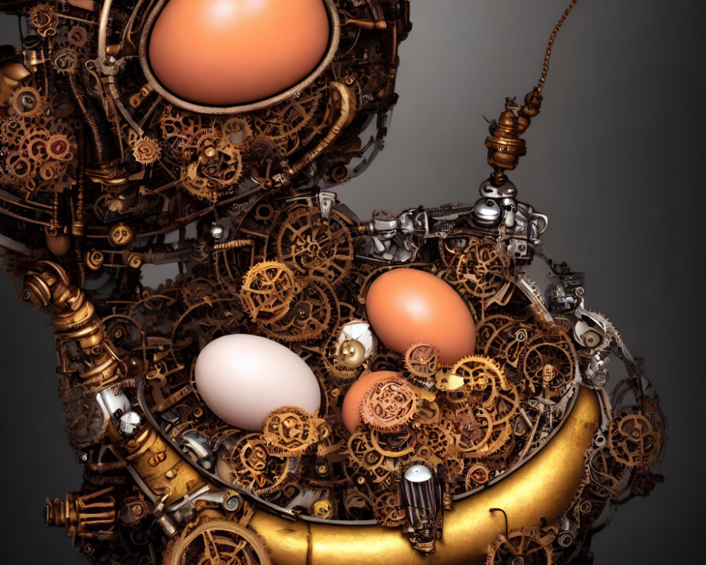 Steampunk machinery with eggs, gears, and cogs in golden hue