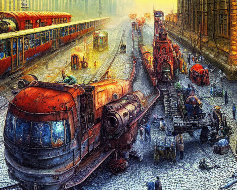 Steampunk cityscape with retro-futuristic trains and period attire citizens.