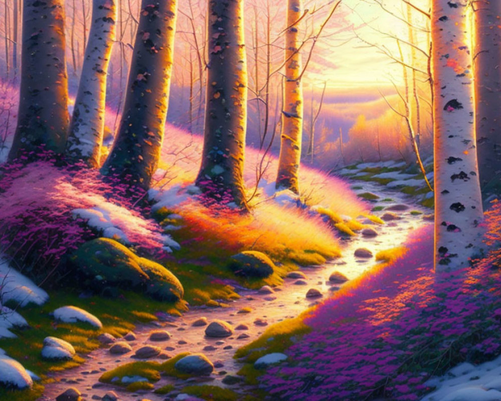 Sunlit Forest Scene with White-Barked Trees and Purple Hues