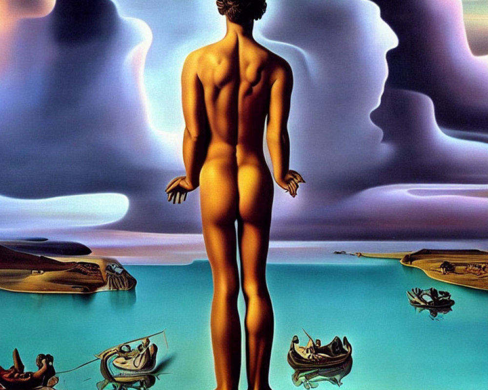 Surreal nude figure in dreamlike landscape with distorted boats