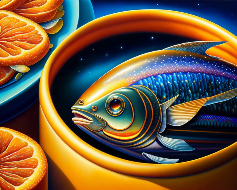 Colorful digital artwork of stylized fish and orange slices in vibrant setting