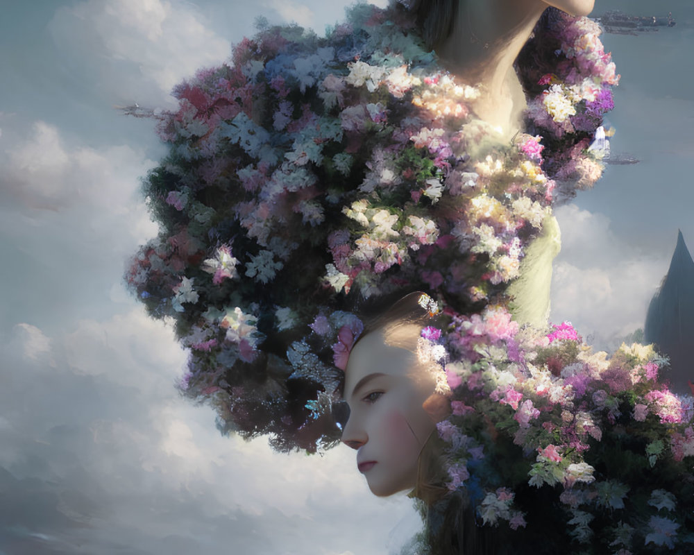 Surreal artwork: Women's profiles merge with blooming tree in dreamy setting