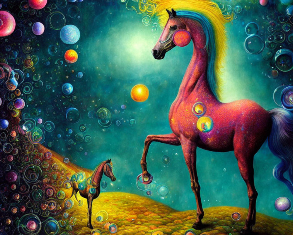 Colorful Artwork of Large Purple Horse with Golden Mane and Smaller Horse in Whimsical Setting