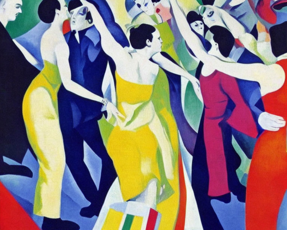 Vibrant abstract painting of stylized figures dancing with dynamic shapes.