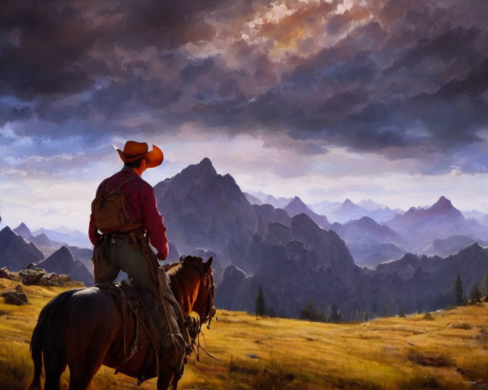 Cowboys on horseback in mountainous landscape under dramatic sky