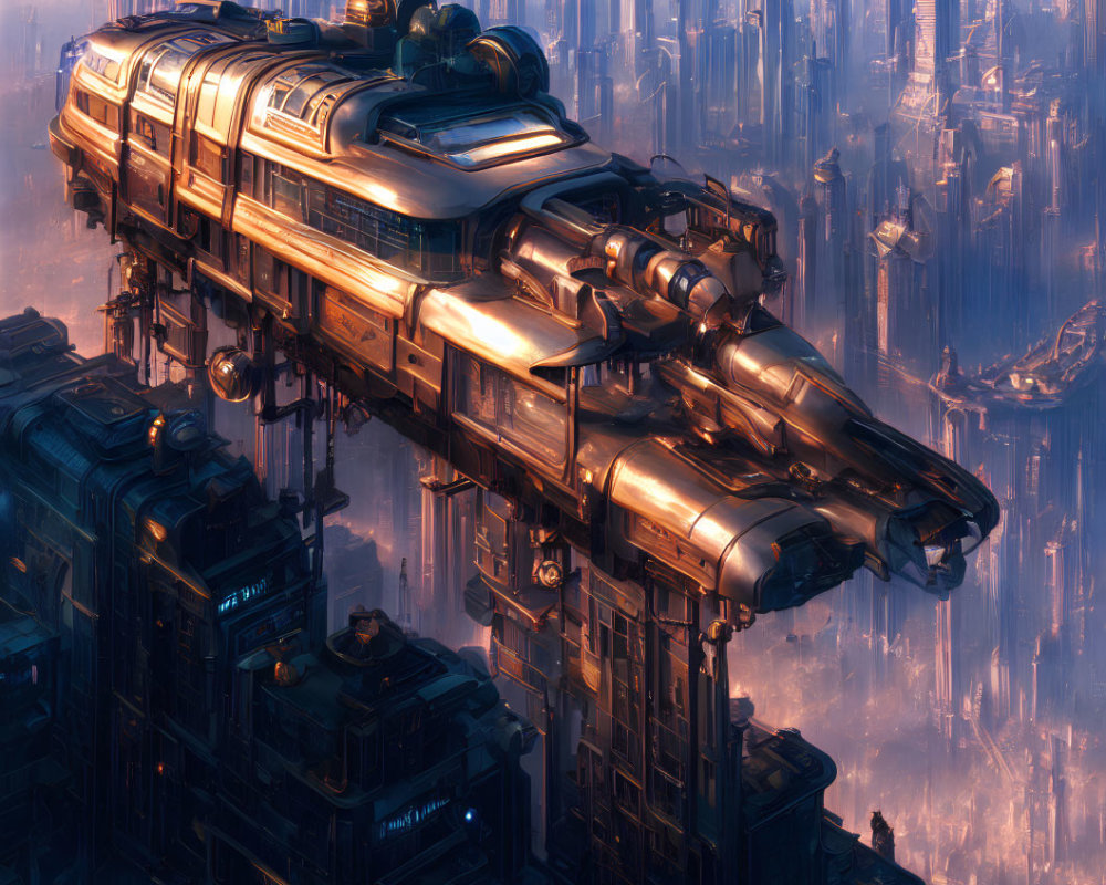 Futuristic train above dense city with skyscrapers