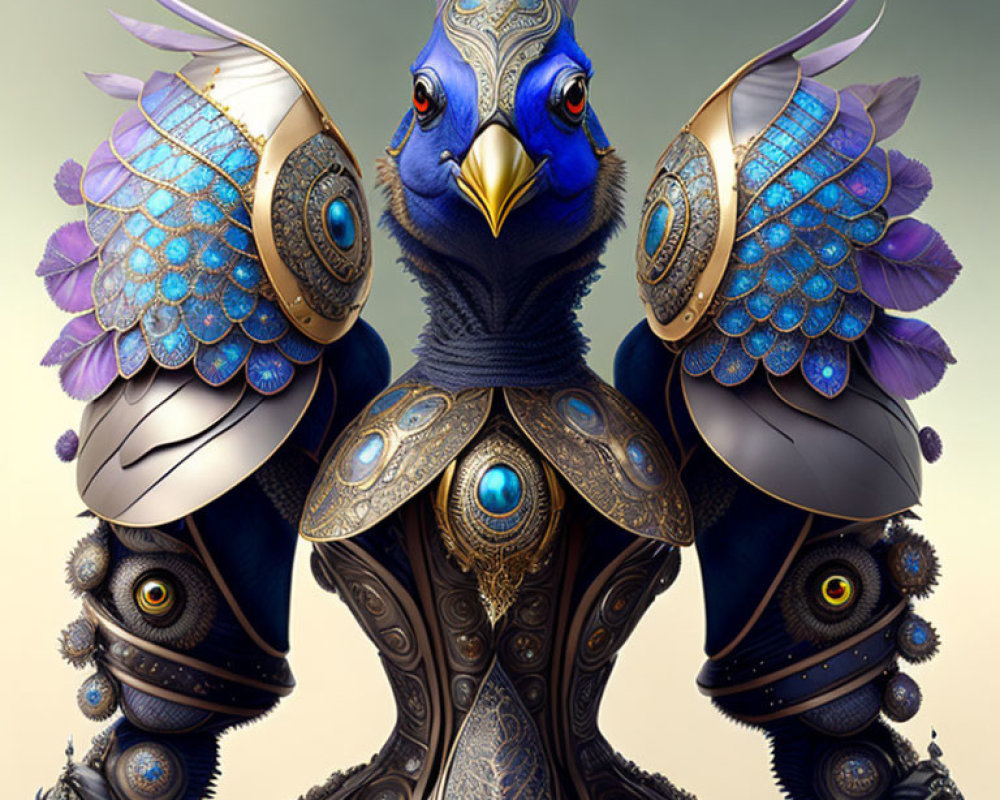 Ornate mechanical peacock with shiny eye-like adornments