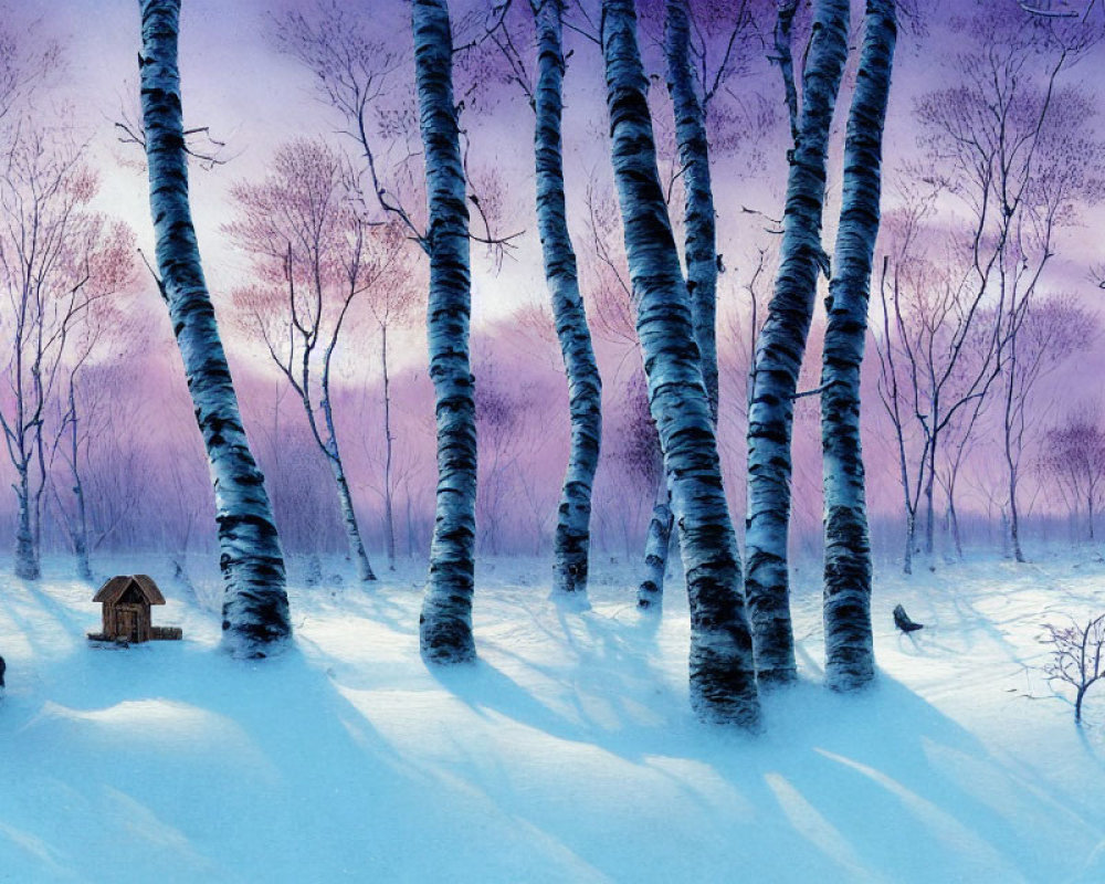 Snowy birch forest at twilight with shadows, birdhouse on tree, birds on ground