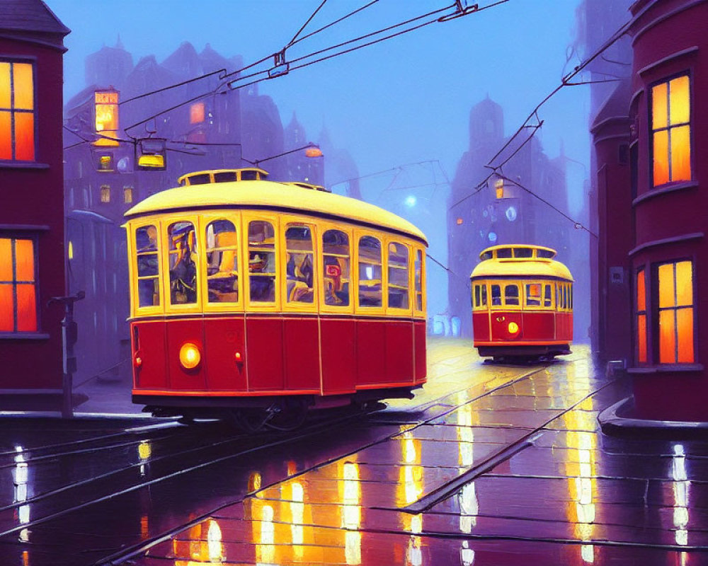 Vintage red and yellow trams in misty cityscape at twilight