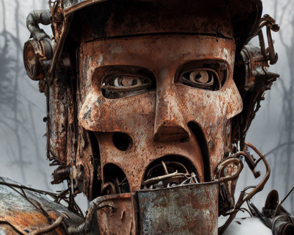 Weathered metal helmet on rustic robotic head with humanoid face against foggy backdrop